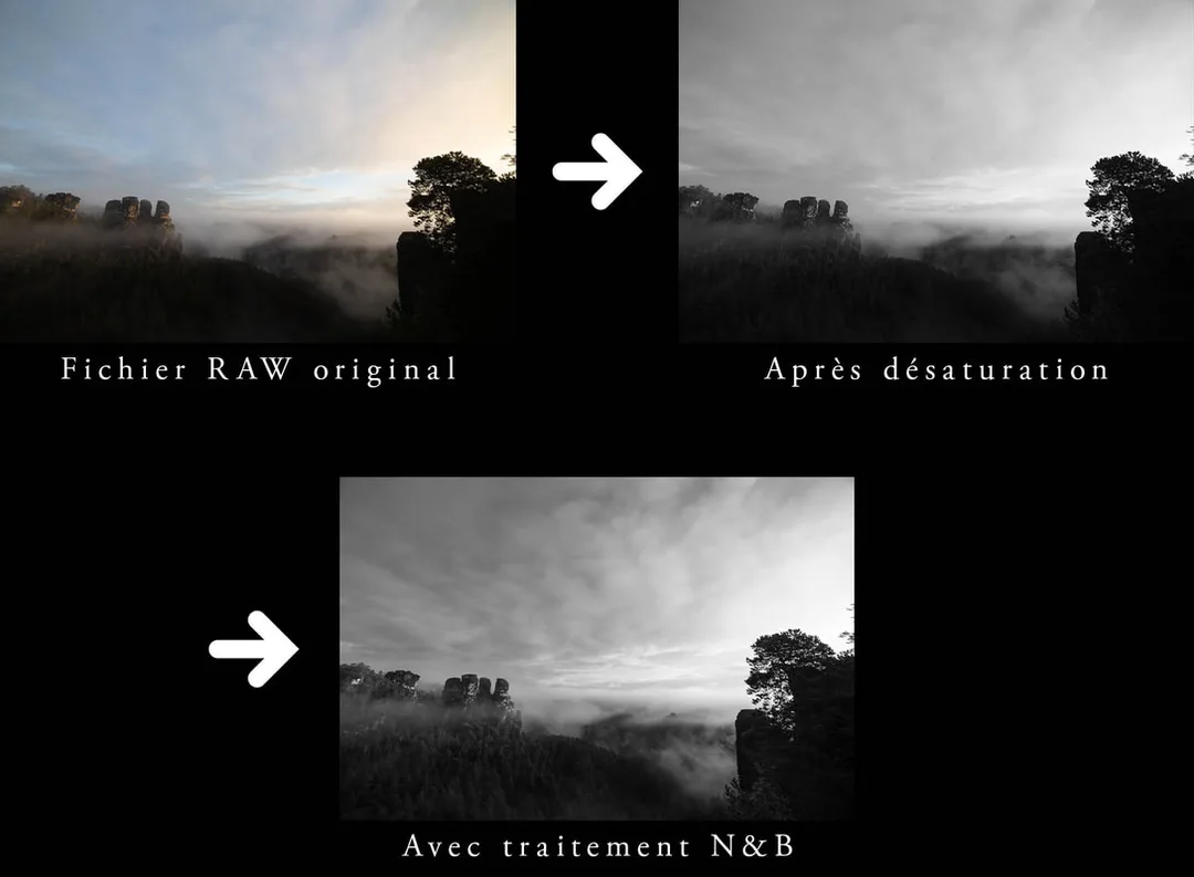 Trois captures d'écran démontrant l'évolution du noir et blanc au fil du travail de développement photo