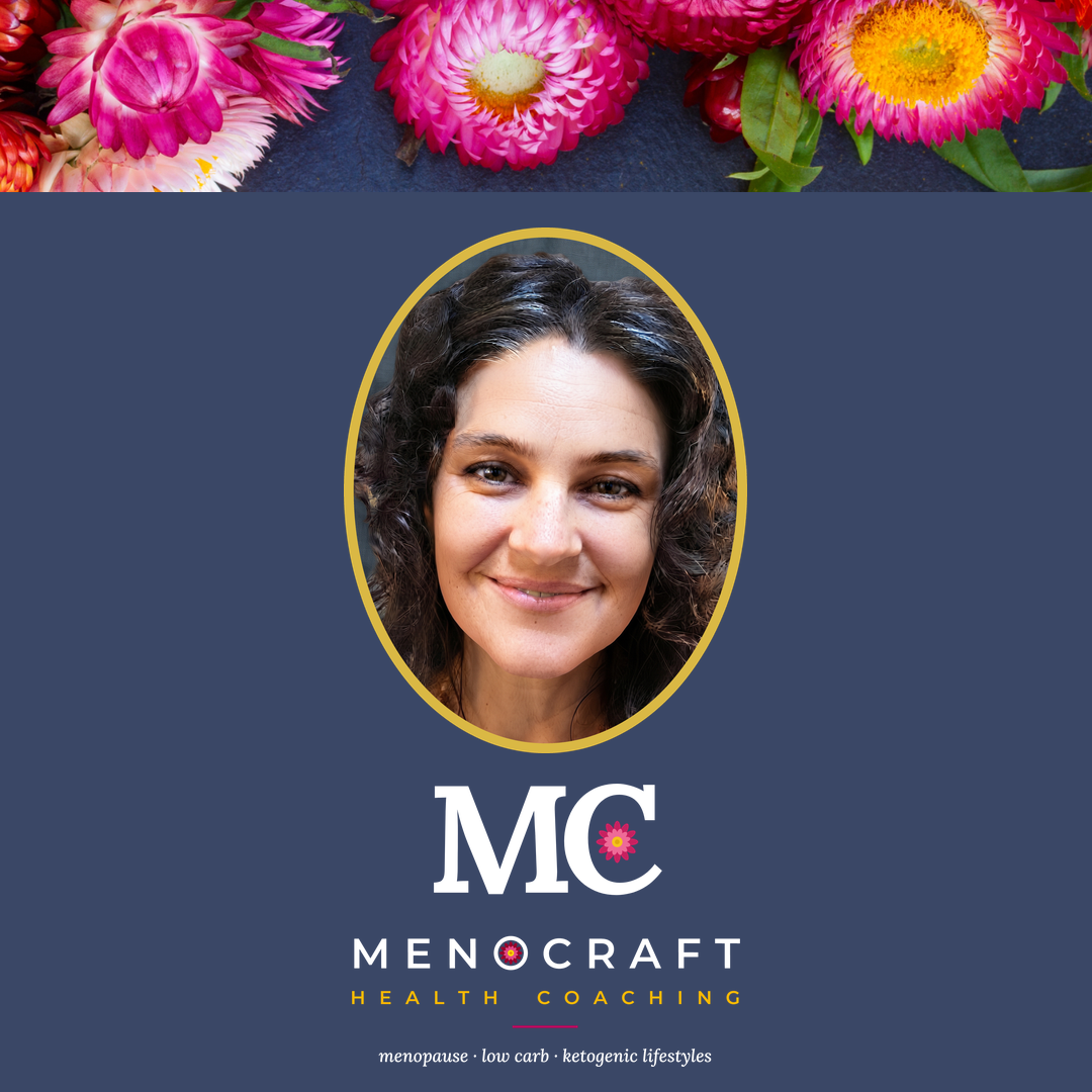 Gina Knight smiling in an oval portrait, with pink strawflowers above and the MenoCraft Health Coaching logo below.