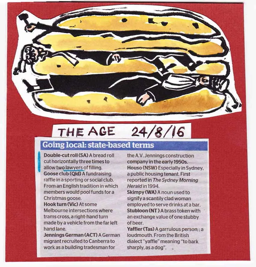 Double cut roll (SA): a bread roll cut horizontally three times to allow two lawyers of filling. The Age attempts to explain South Australian terminology. Cartoon by Natasha Williams-Novak