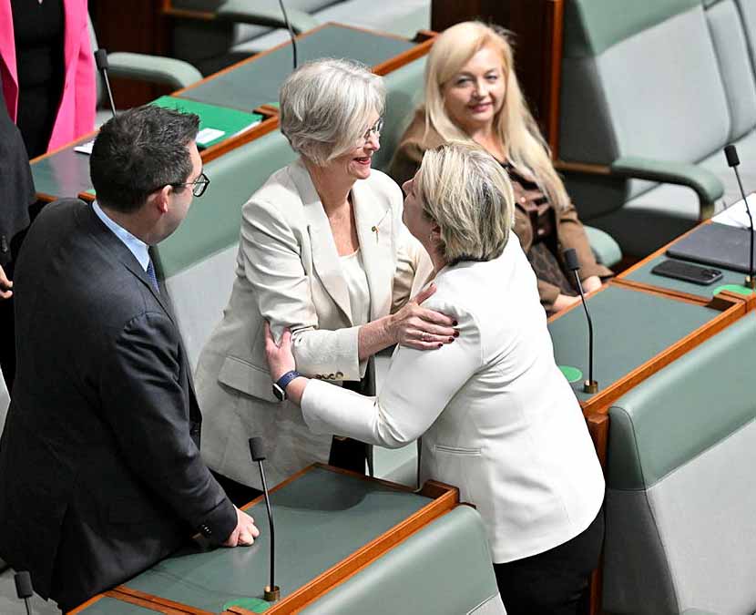 The Independent MP for Indi, Helen Haines, left, congratulates the Liberal MP for Monash, Mary Aldred, following her maiden speech to Parliament in July 2025.