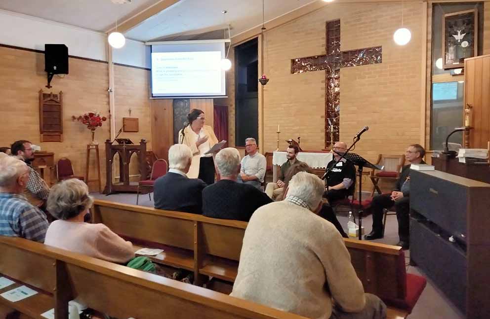 One Nation’s Nikole Schellekens at the mike with candidates Chris Buckingham (Labor), Mat Morgan (Greens) and Chris Jobe (Victorian Socialists) and moderator Reverend Graeme Liersch. Photo: Bass Coast Post