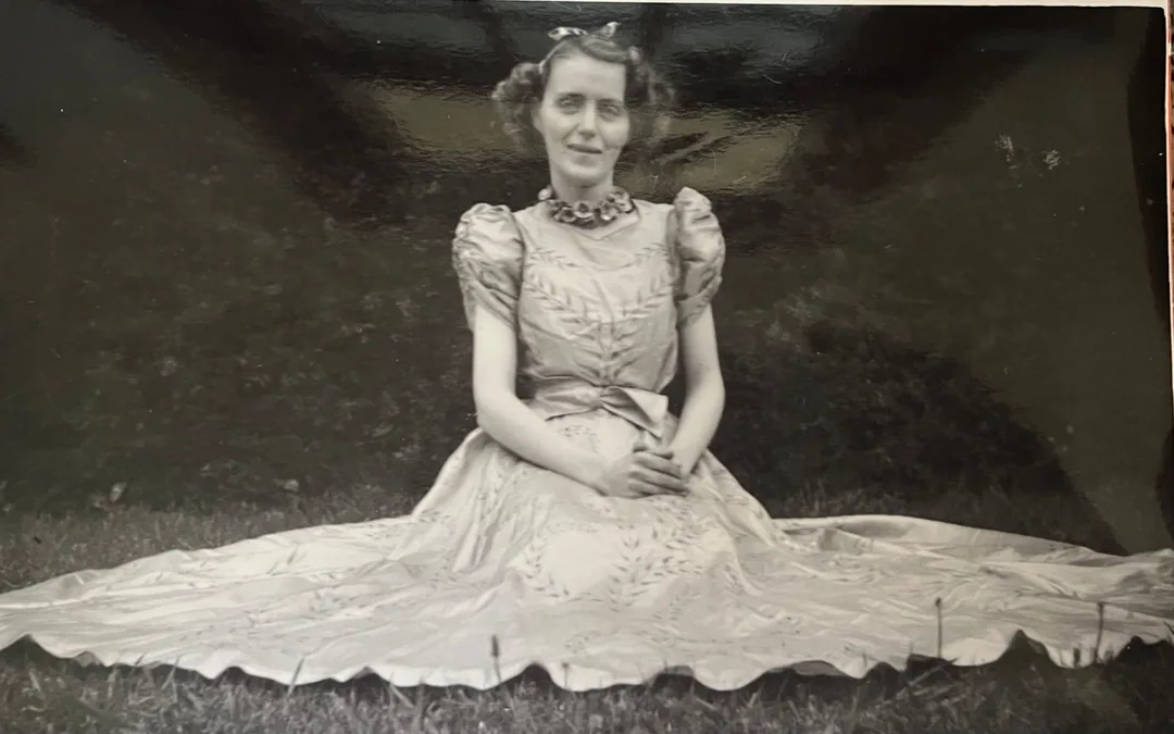 Wonthaggi dressmaker Sylvia Stibbs models the dress she made to win a Myer Emporium competition.