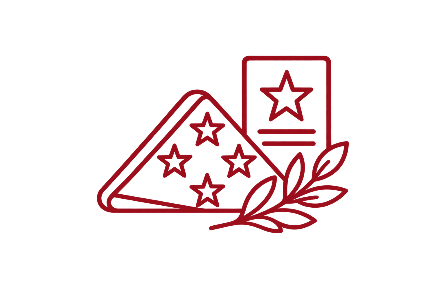 Red line art of a folded American flag and memorial tribute elements representing memorial and retirement pieces.