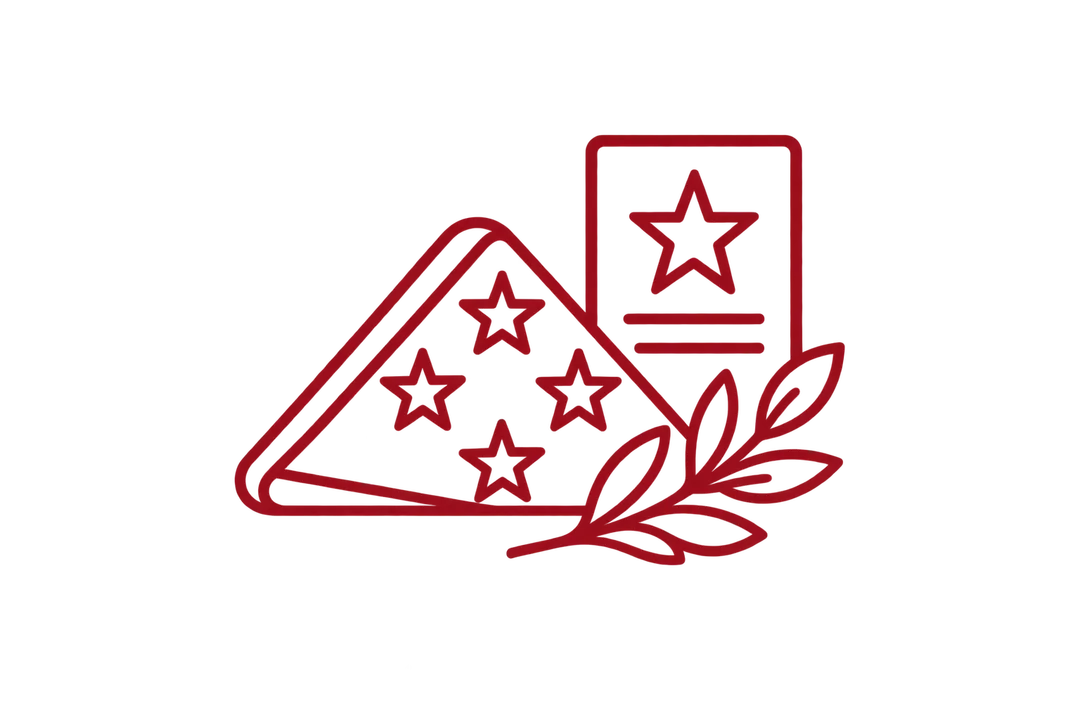 Red line art of a folded American flag and memorial tribute elements representing memorial and retirement pieces.