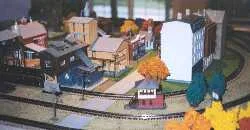 Downtown section of Wisconsin alcove's N-scale model train layout