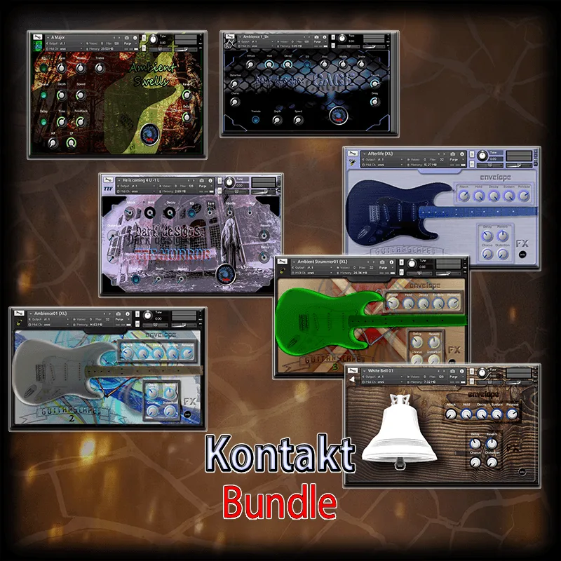 Kontakt Bundle, 7 libraries for Kontakt 5 and sfz: Dark designs CAGE & Ambient Swells & Dark designs TTF Horror & White Bell & GuitarScaped & GuitarScaped 2 & GuitarScaped 3