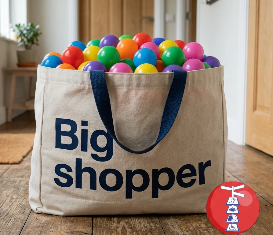 Afbeelding van een boodschappentas, gevuld met gekleurde ballen