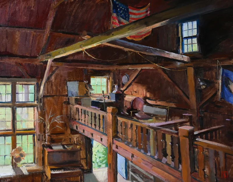 A plein air painting of a barn interior in Maine