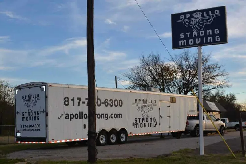 48FT Moving Truck parked at Apollo Strong Moving office located at 7825 S. Cooper St. in Arlington TX 76001 showing equipment used for Long-Distance Moves in Dallas TX