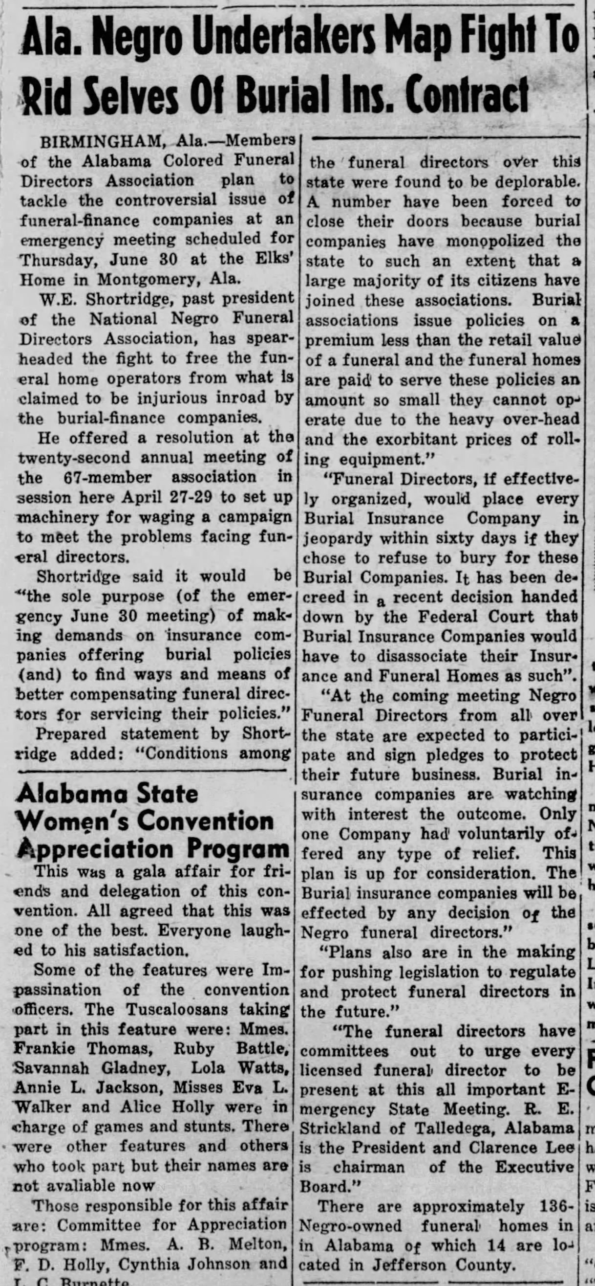 1955-6-30  Article From the Mobile Becon/Alabama Citizen
Alabama Negro Undertakers Map Fight To Rid Selves Of Burial Ins. Contract 