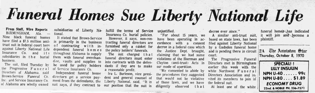 1970-10-8 The Anniston Star] Funeral Homes Sue Liberty National Life