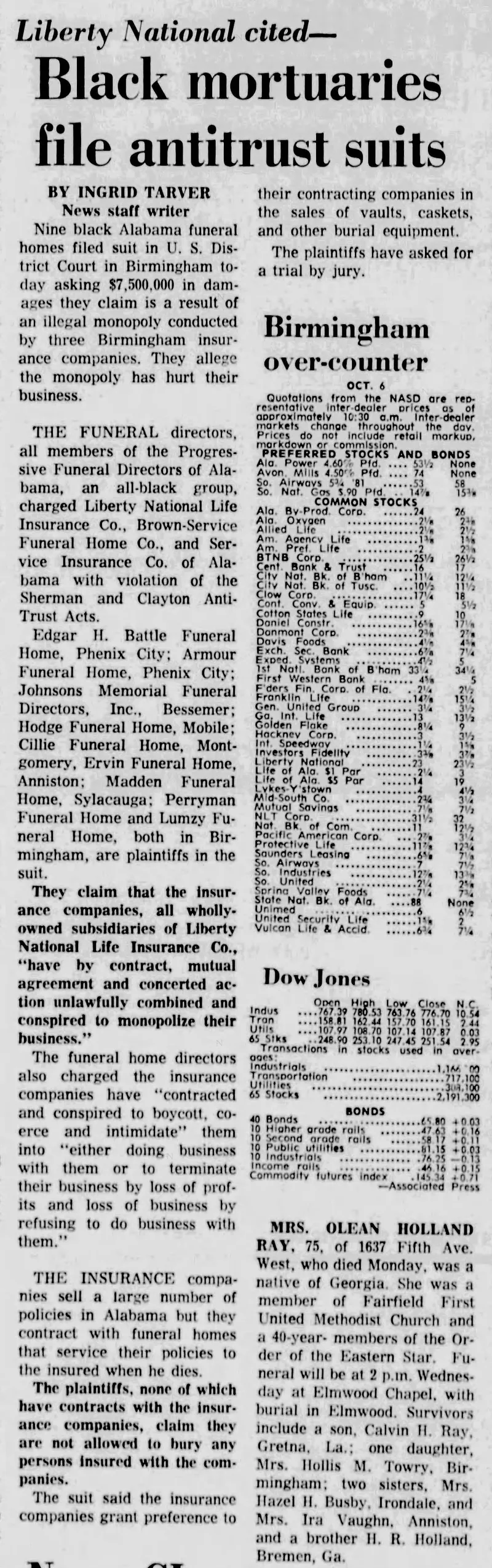 1970-10-6 [The-Birmingham-News-P31] Black Mortuaries File Antitrust Suits