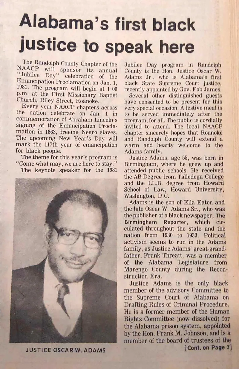 Randolph Leader Article featuring the NAACP hosting Alabama's 1st Black Court Justice
