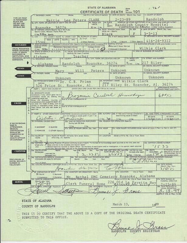 PictureHattie Lee Peters Clark Death Certificate