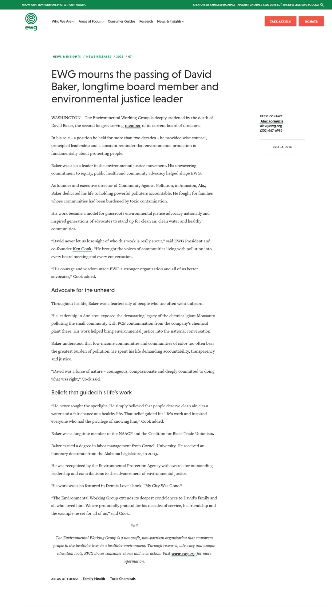 Screenshot of Environmental Working Group, where David served as a Board Member for years. 
