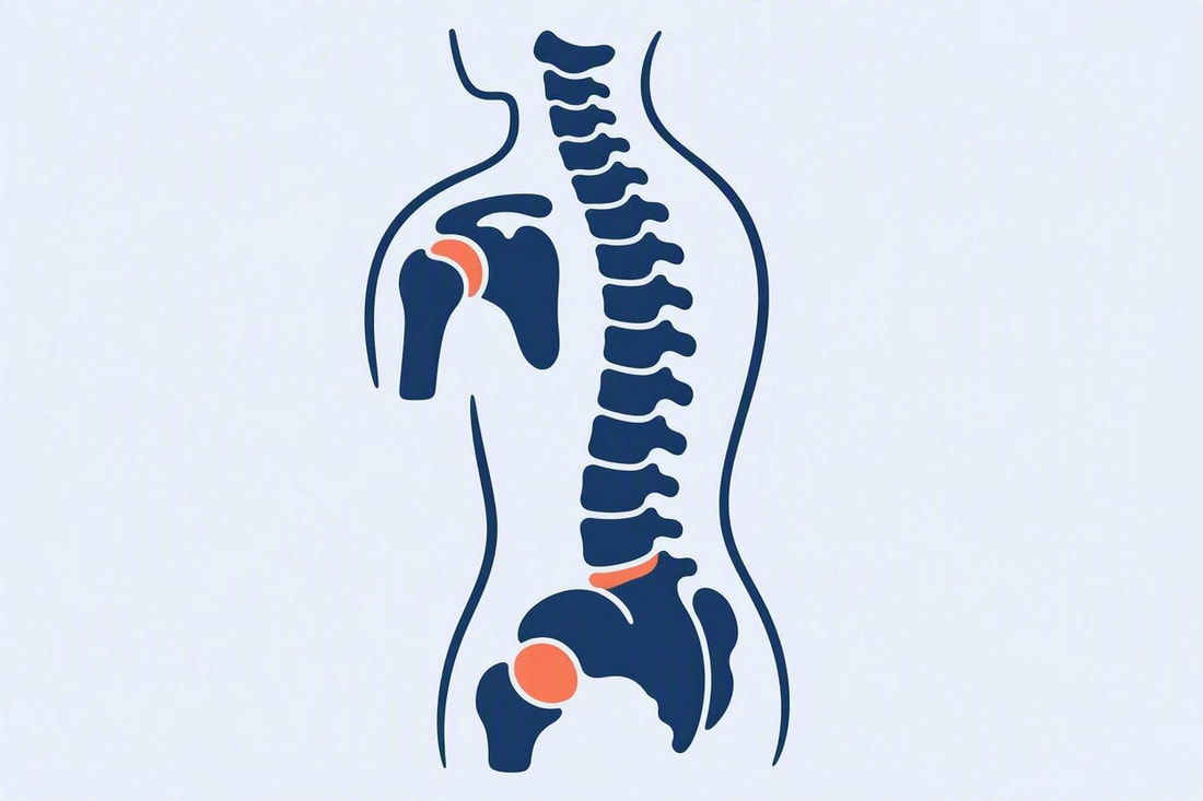Flat-style illustration of the spine and joints, accompanying an article on age-related wear and tear, Newhill Osteopathy, Horley