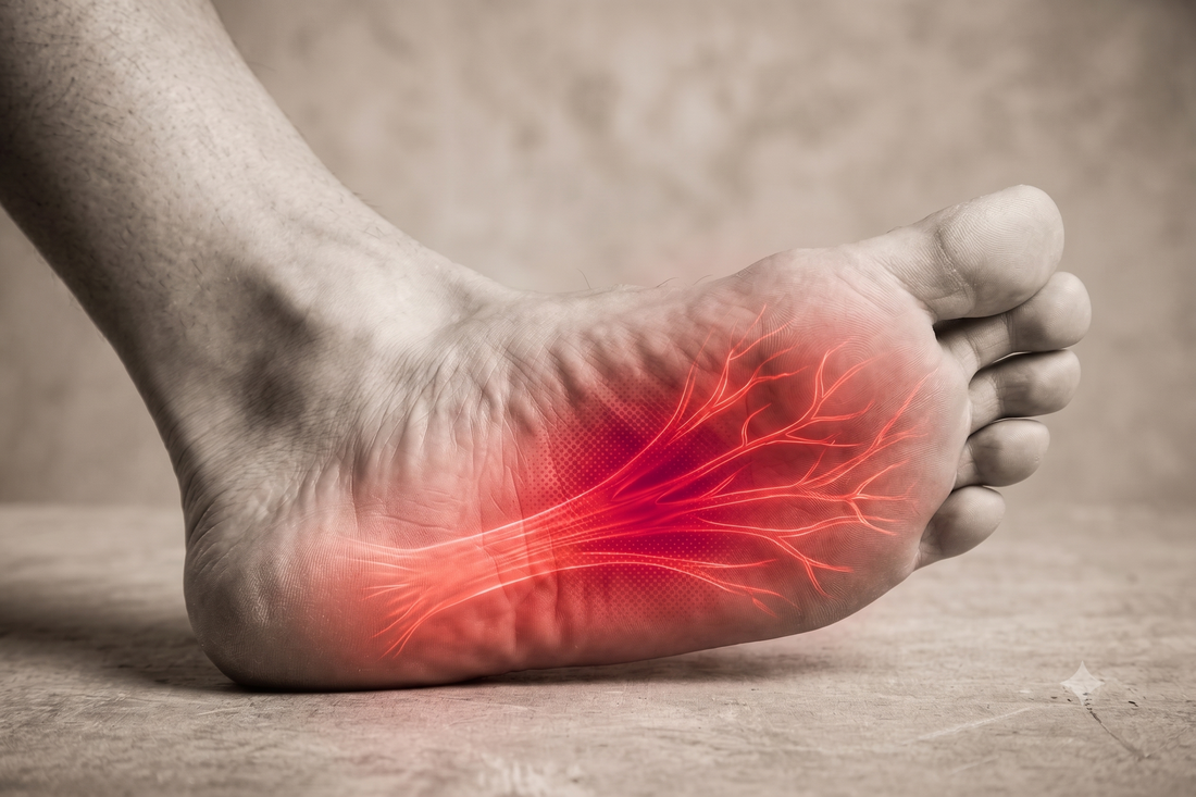 image of a foof with red lines showing a painful sole of the foot