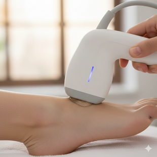 Therapeutic ultrasound being used to treat a soft tissue injury and reduce inflammation in a clinical setting.