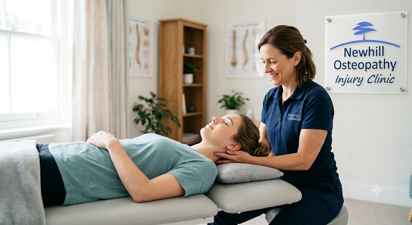 osteopath treating a lady lying on a treatment couch with a headache.