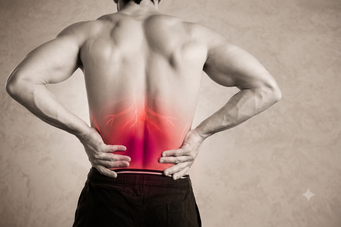 man standing with his hands on his back and red lines indicating a painful lower back