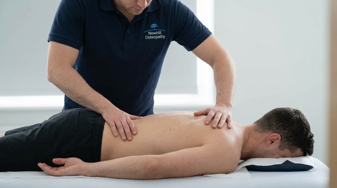 Osteopath putting hands on a prone lying patients back 