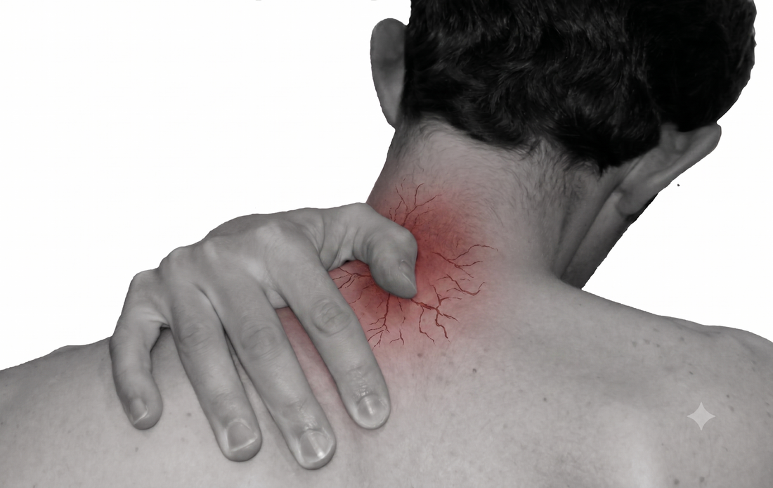 a person holding his neck which is painful