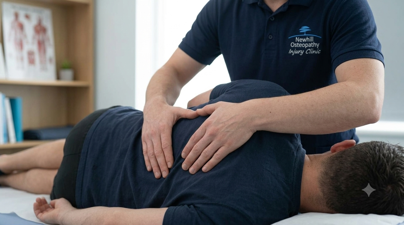 osteopath in a clinic room treating someone with a rib injury.