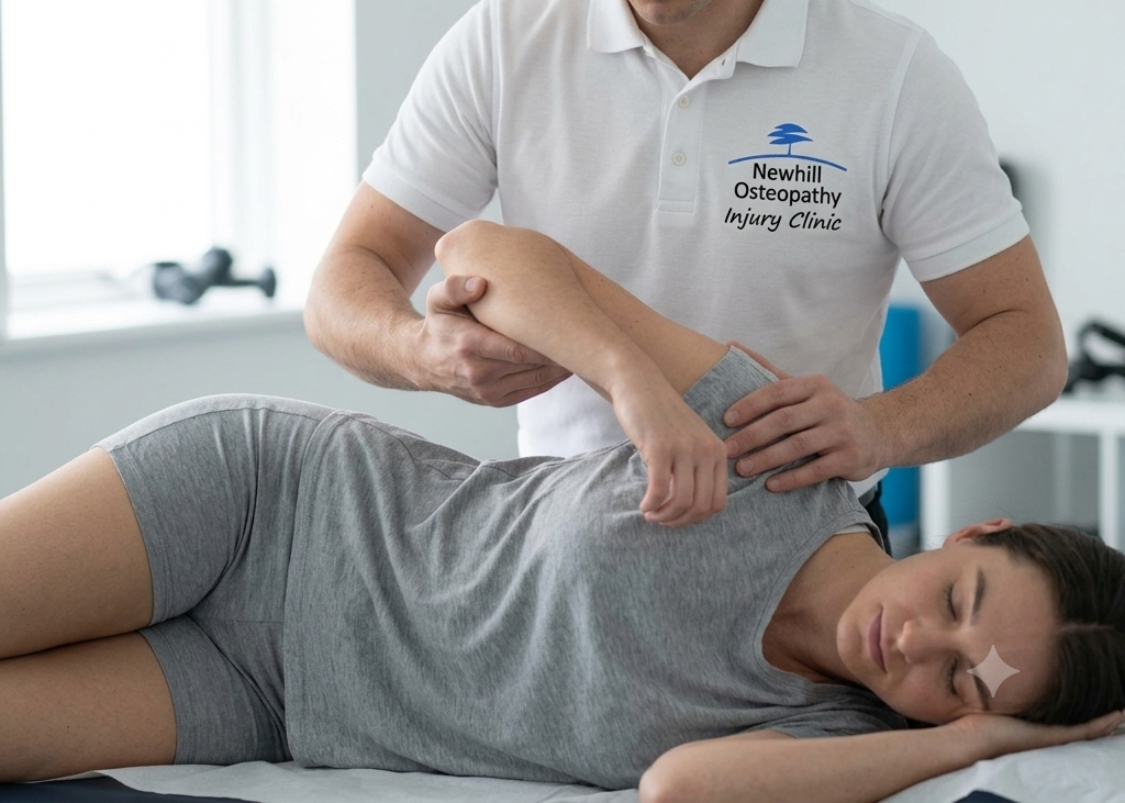 osteopath treating a persons shoulder  who is lying on a treatment couch