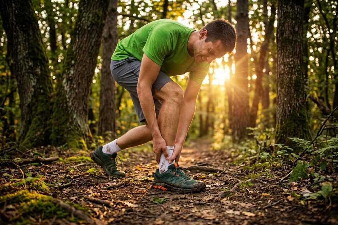 PictureMan bending over holding his knee in pain on a woodland trail