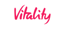 Vitality logo on white background with red writing