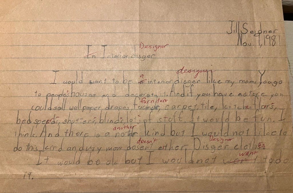 Jill's handwritten childhood note on lined paper about wanting to be an interior designer