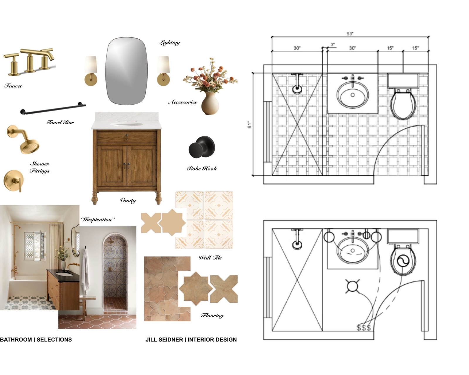 Bathroom selections board with a wood vanity, brass fixtures, floor plan and elevation drawings