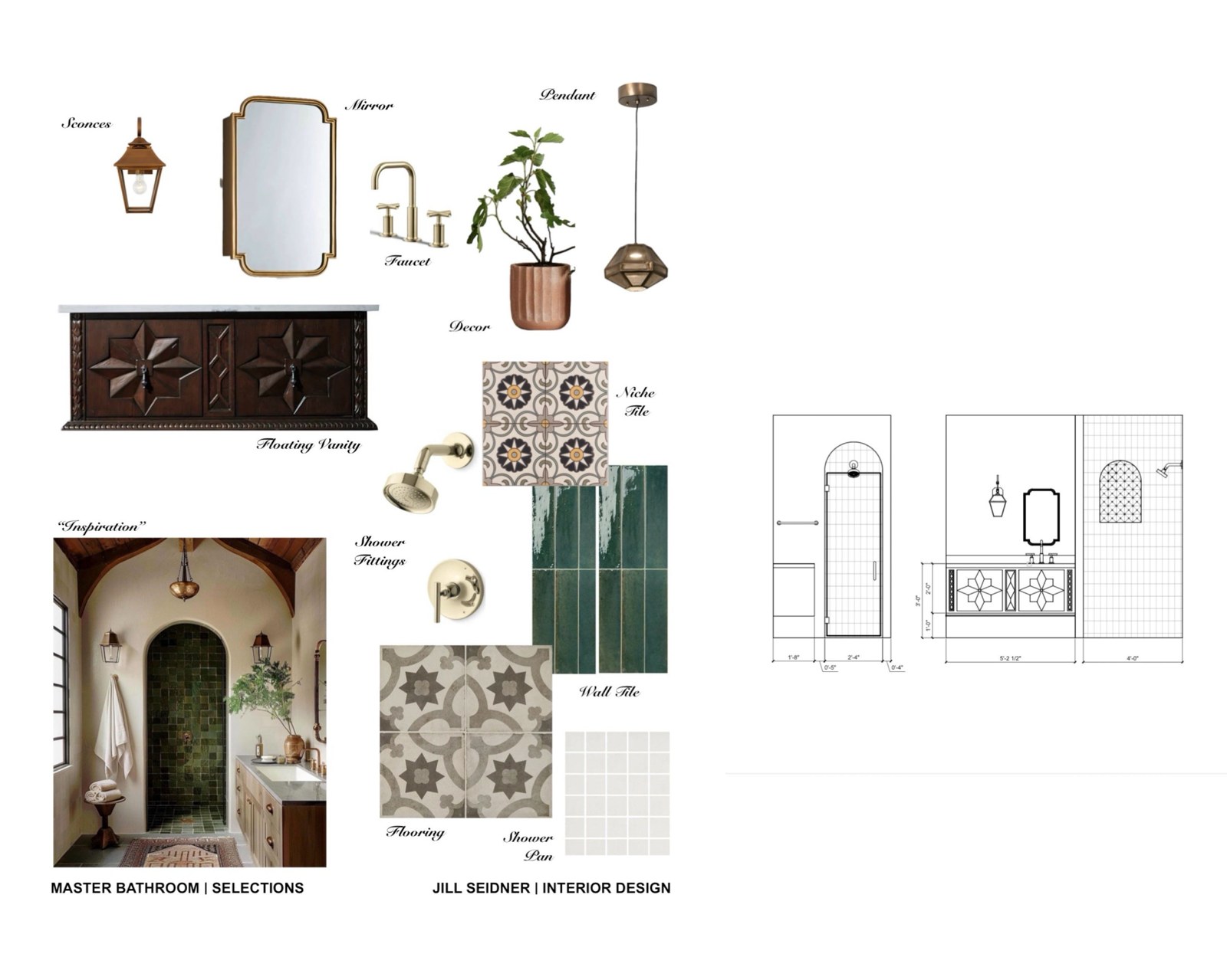 Spanish style bathroom concept board with patterned tile, lantern sconces and a small floor plan