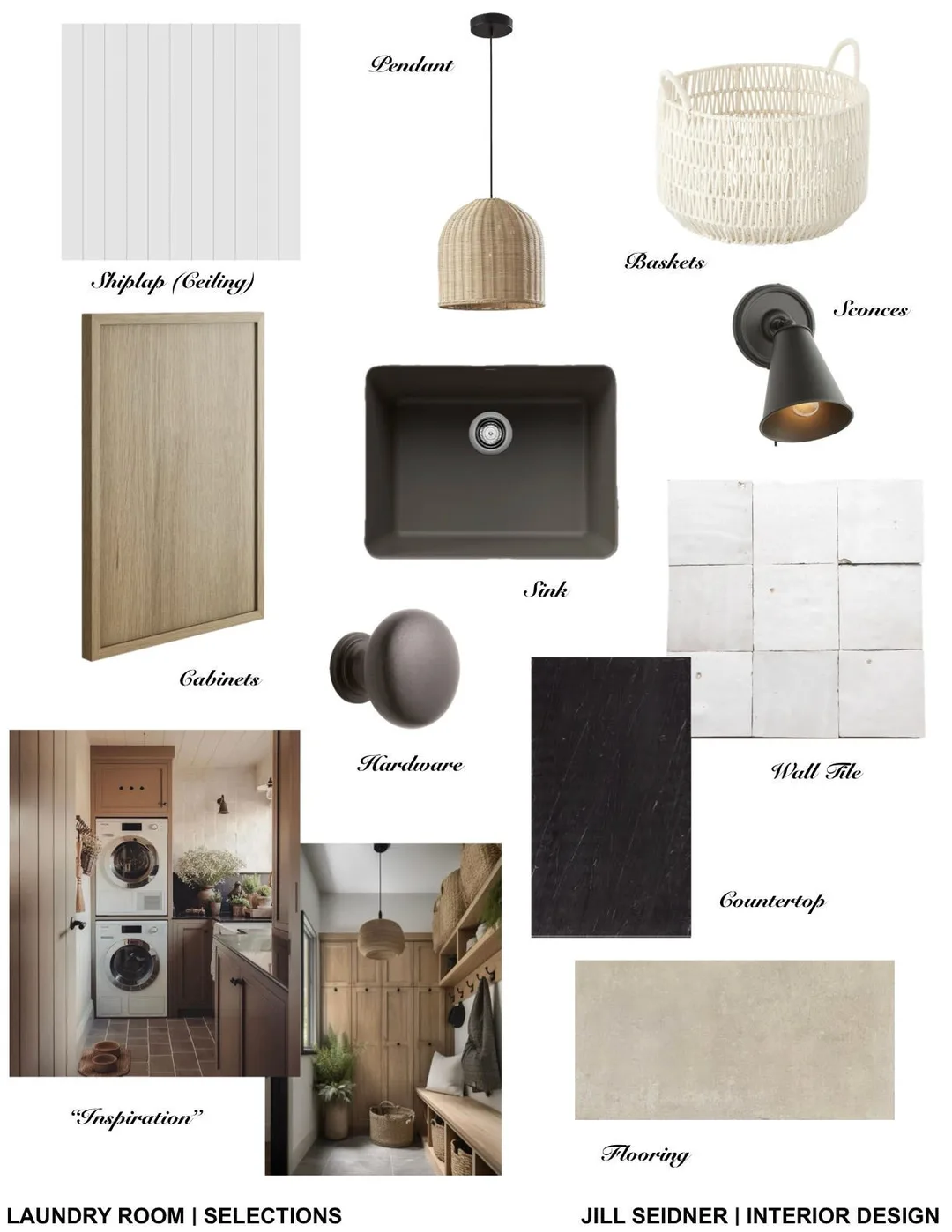 Laundry room selections board with light oak cabinetry, black sink, stone counter and square tile
