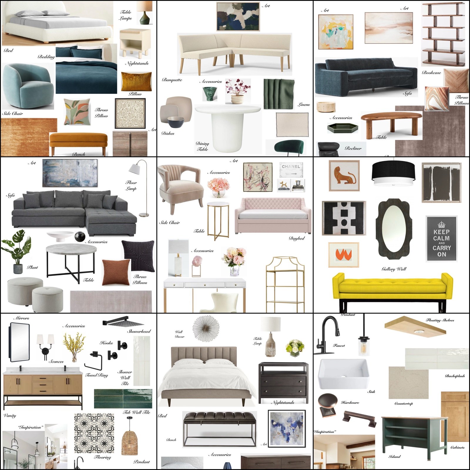 Collage of interior design mood boards with furniture, color palettes, fabrics and lighting