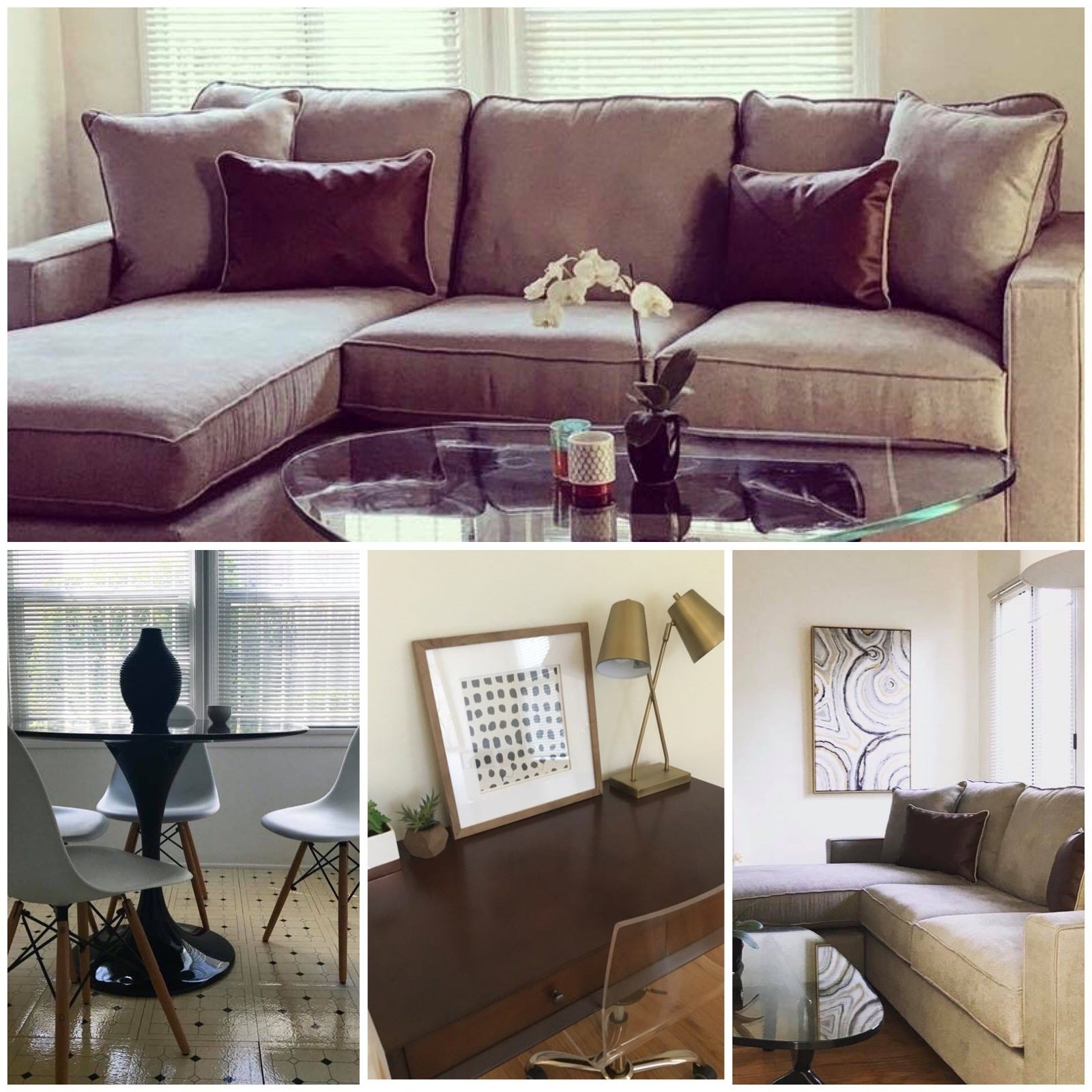 Living room with a plush grey sectional sofa, round coffee table and dining area beyond