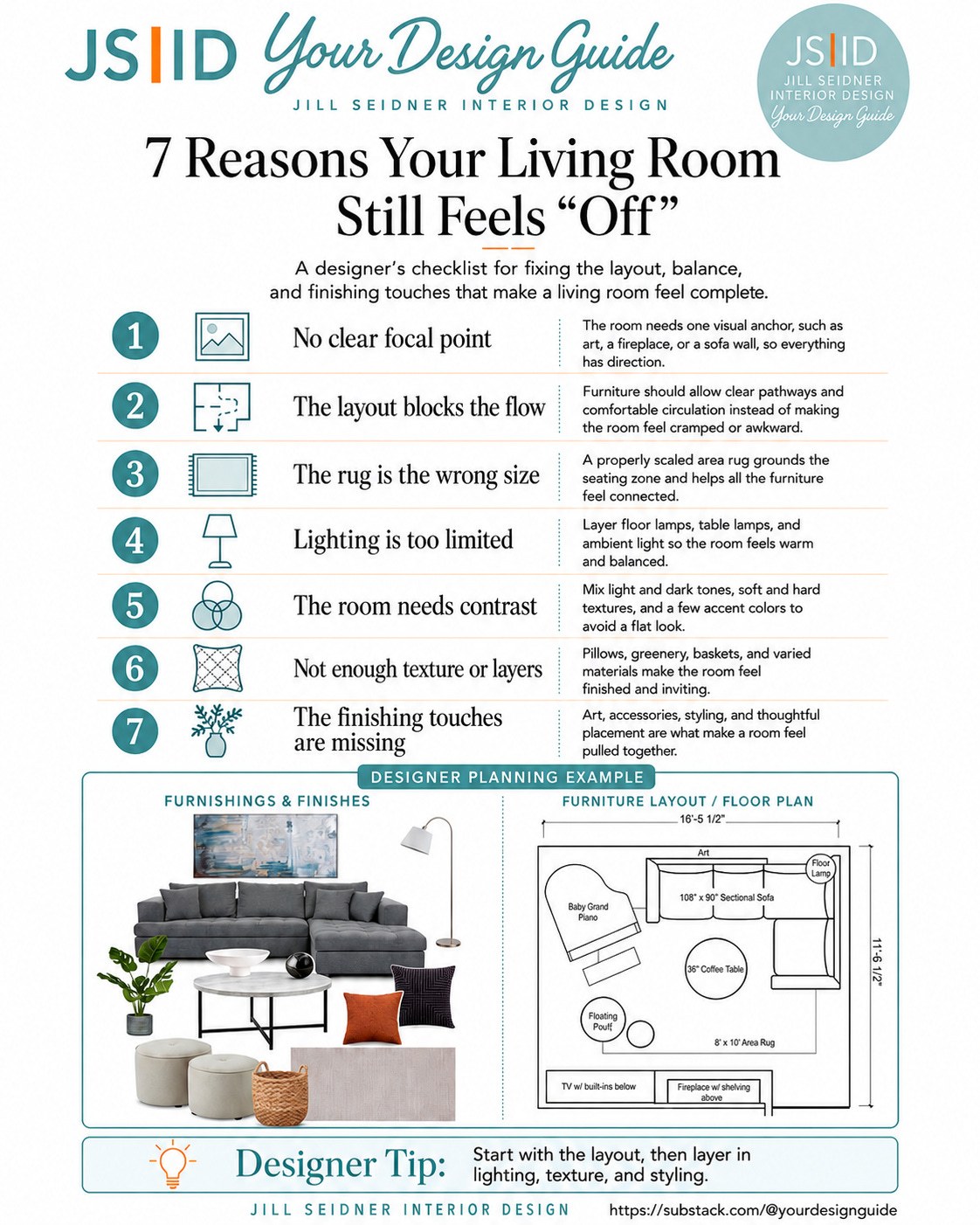 Your Design Guide checklist graphic listing seven reasons a living room still feels off