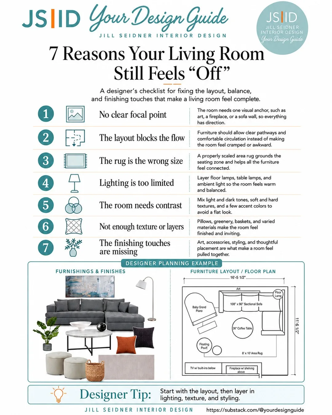Your Design Guide checklist graphic listing seven reasons a living room still feels off