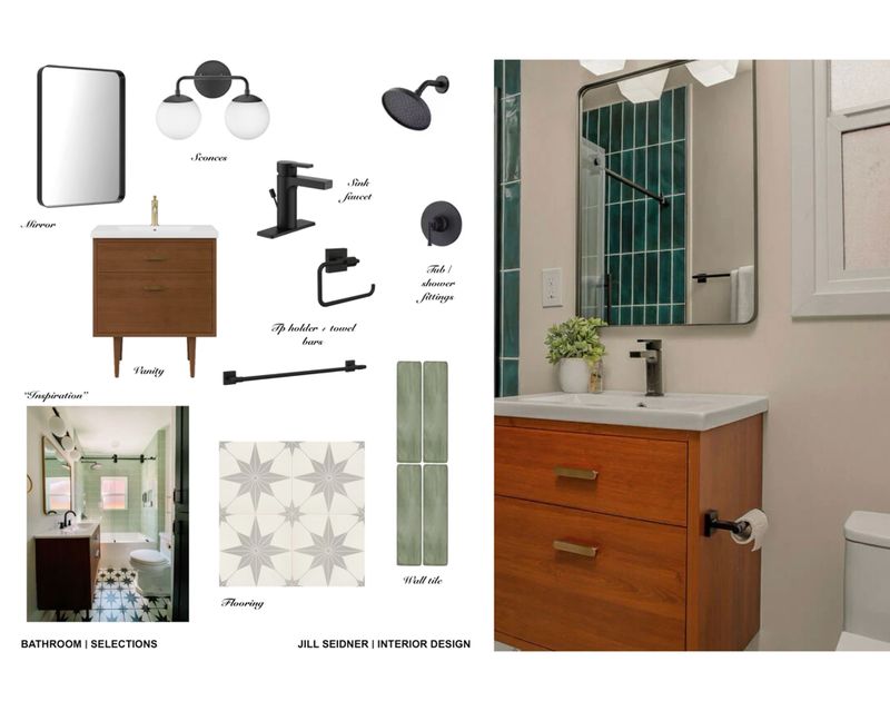Bathroom refresh board with walnut vanity, green tile and black fixtures, work with what you got design