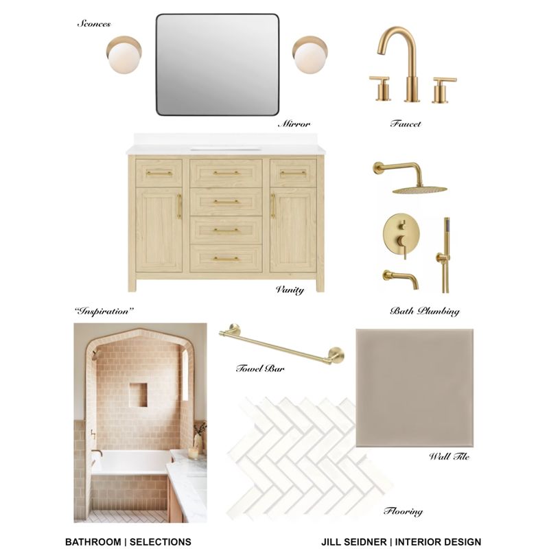 Bathroom selections board with brass fixtures, oak vanity and tile, interior design shopping services