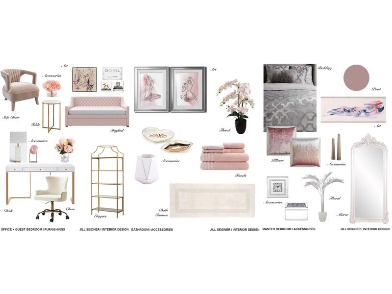 Blush bedroom and office accessories board, room refresh accessorizing services