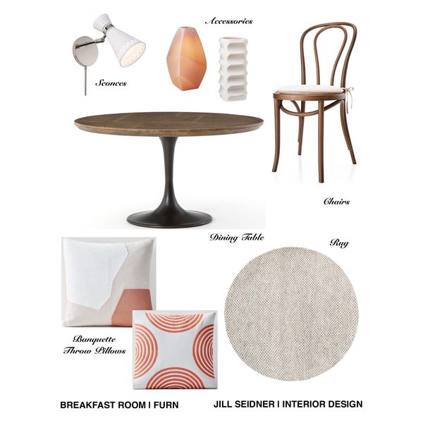 Breakfast nook design concept board with round pedestal table, bentwood chair, banquette pillows and rug by Jill Seidner Interior Design