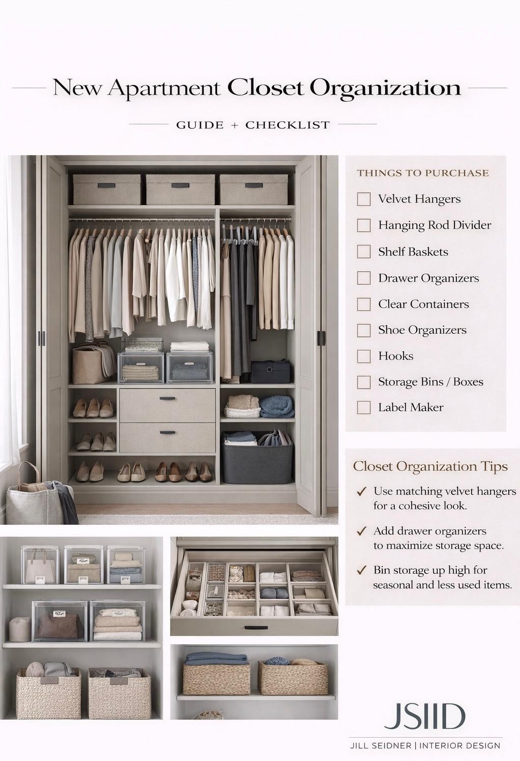 Closet organization guide and checklist with hangers, bins and storage tips for seasonal clothing