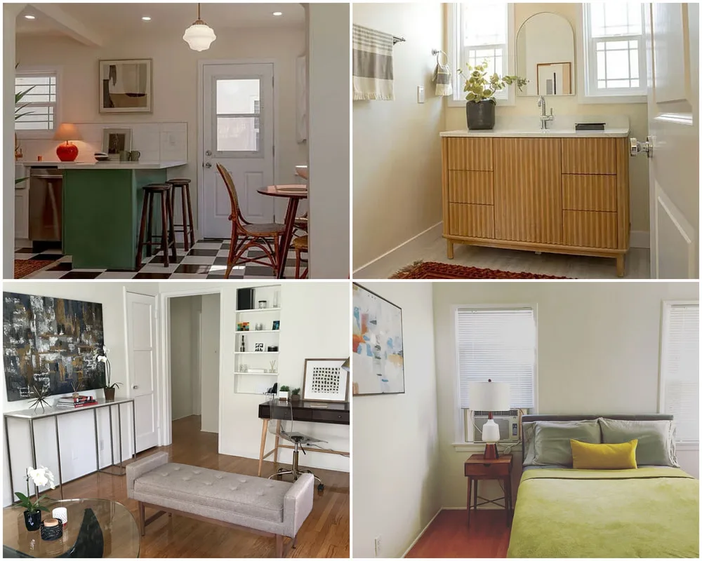 Room Design Review before photos: kitchen, bathroom vanity, living room and bedroom
