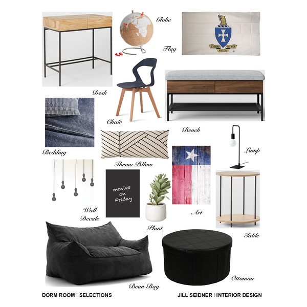 Dorm room design concept board with bedding, desk, storage and decor by Jill Seidner Interior Design