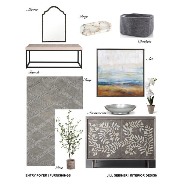 Entry foyer design concept board with mirror, cabinet, bench, art and runner rug by Jill Seidner Interior Design