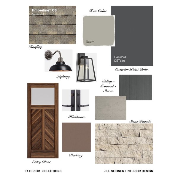 Exterior finish selections board with siding, roofing, stone, trim and paint colors by Jill Seidner Interior Design