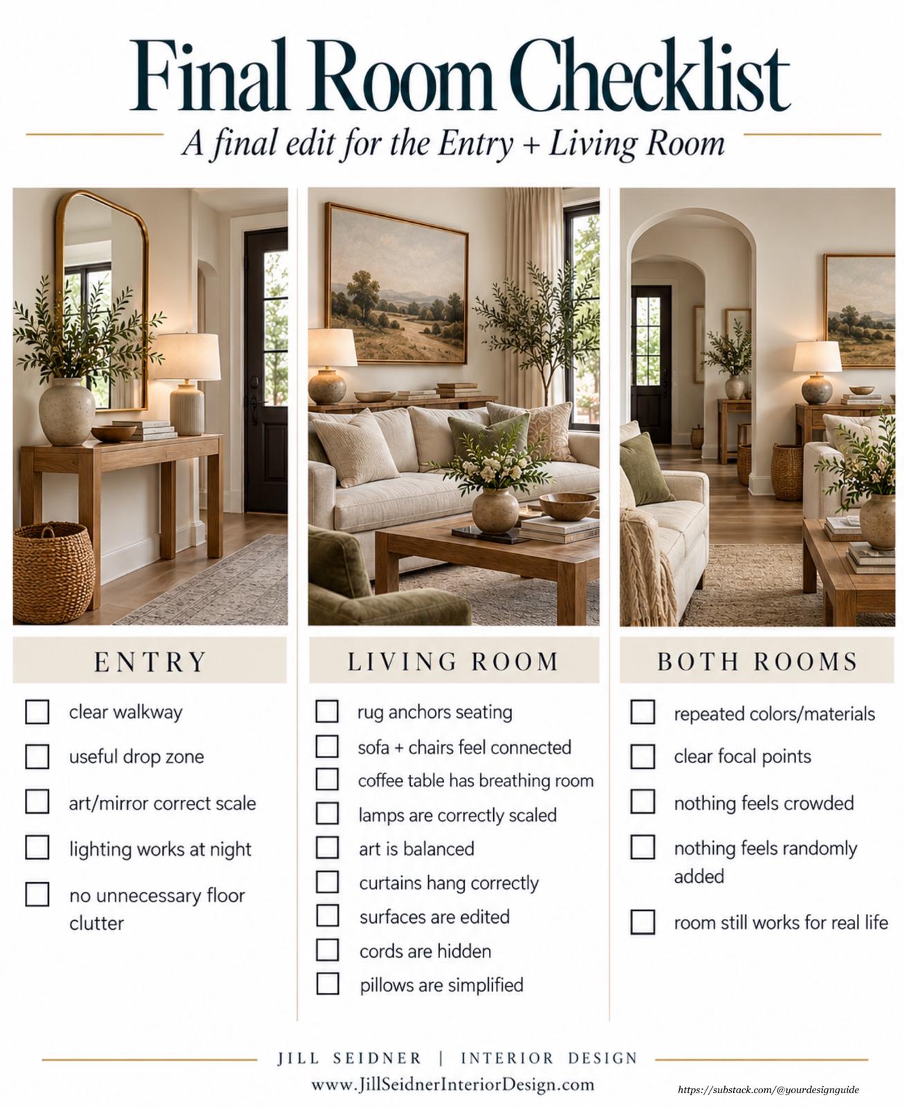 Final room checklist guide by Jill Seidner Interior Design for the entry and living room with a styled console, neutral sofa and checklist items