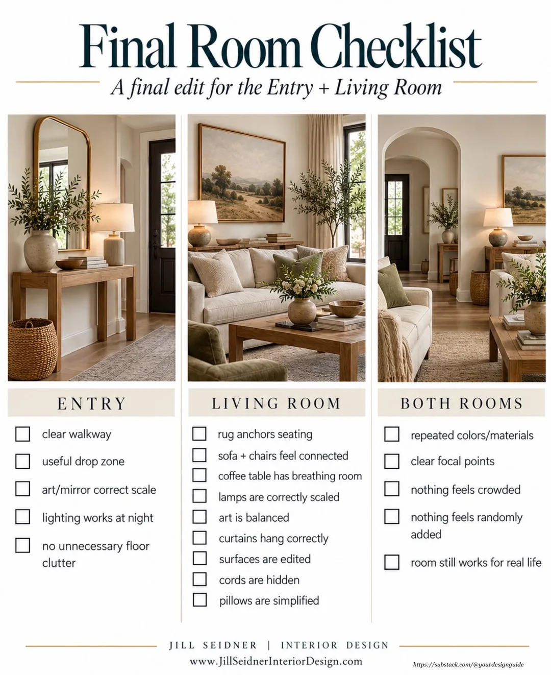 Final room checklist for editing the entry and living room so a home feels finished and welcoming