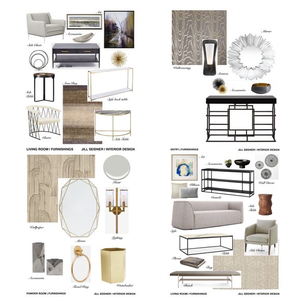 Full house furnishing and remodel design concept boards for living, dining and bedroom spaces by Jill Seidner Interior Design
